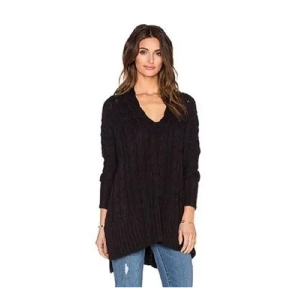 Free People Easy Cable V-Neck Sweater Black Oversized Large Boho Grunge Preppy